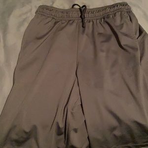 Gray athletic shorts.
